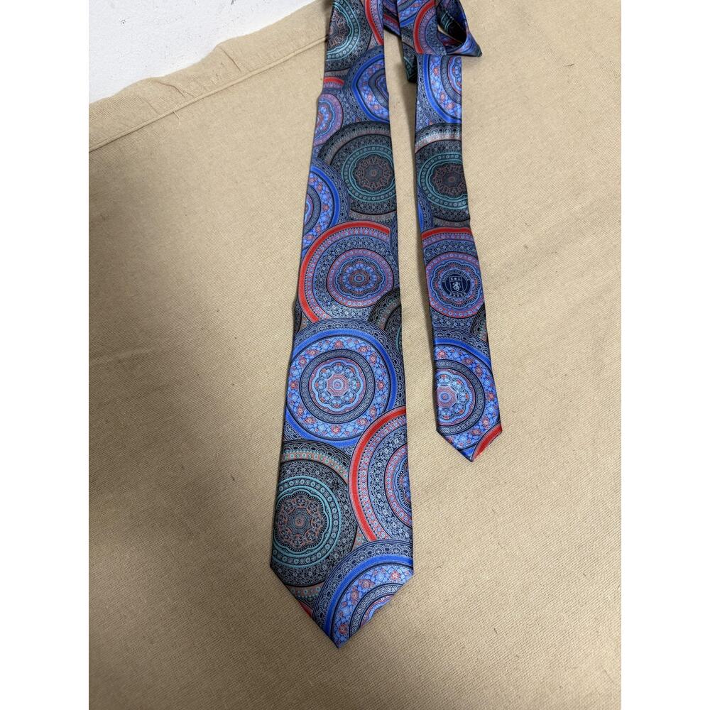 Ermenegildo Zegna Tie Mens One Size Blue Red Geometric Medallion Silk Made Italy - Picture 3 of 7